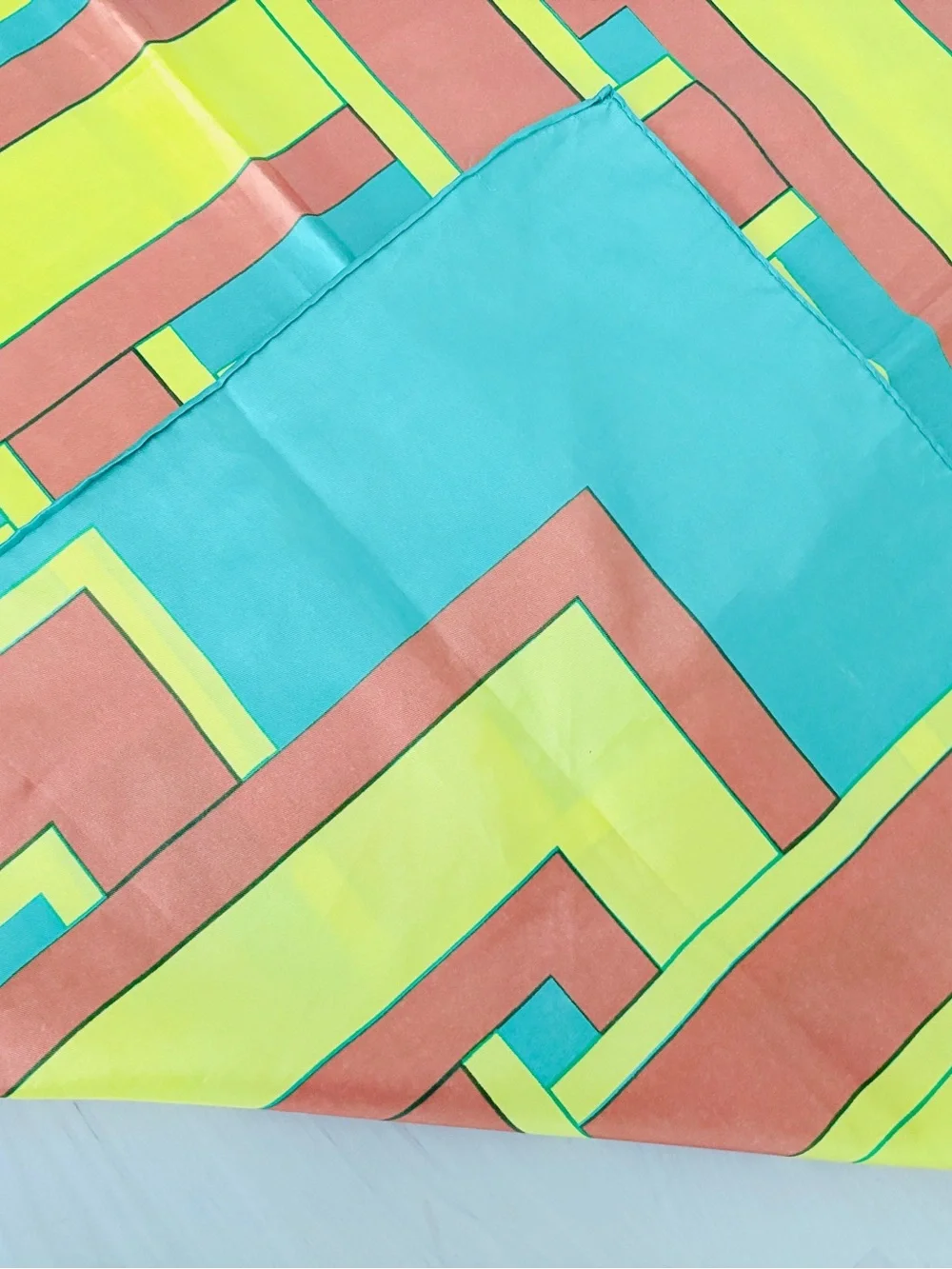 Silk Geometric Interlock Scarf in Teal, Mustard & Rust